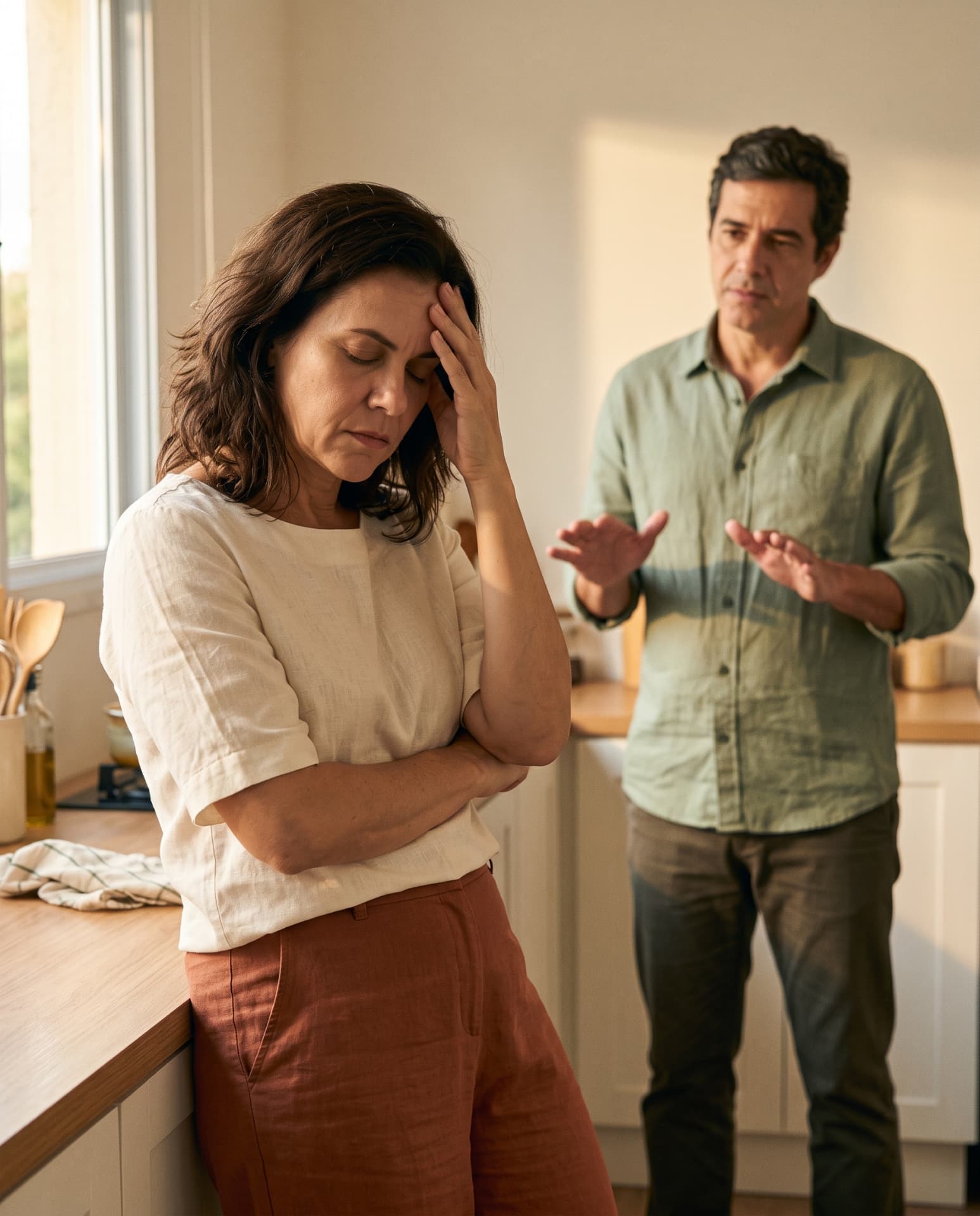 Mulher com a mão na testa enquanto o marido está ao fundo na cozinha